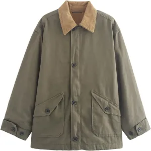 Wyeysyt Lightweight Barn Jacket for Women Corduroy Collar Canvas Jackets Button Down Outwear with Pockets