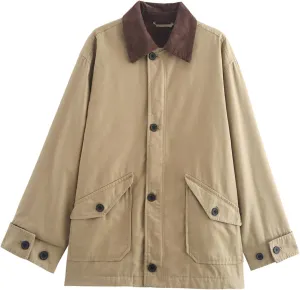 Wyeysyt Lightweight Barn Jacket for Women Corduroy Collar Canvas Jackets Button Down Outwear with Pockets