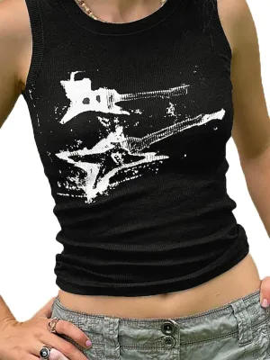 Xineicy Women's Star Sleeveless Crop Top Vintage Y2k Tops Round Neck Racerback Tank Tops Casual Tee