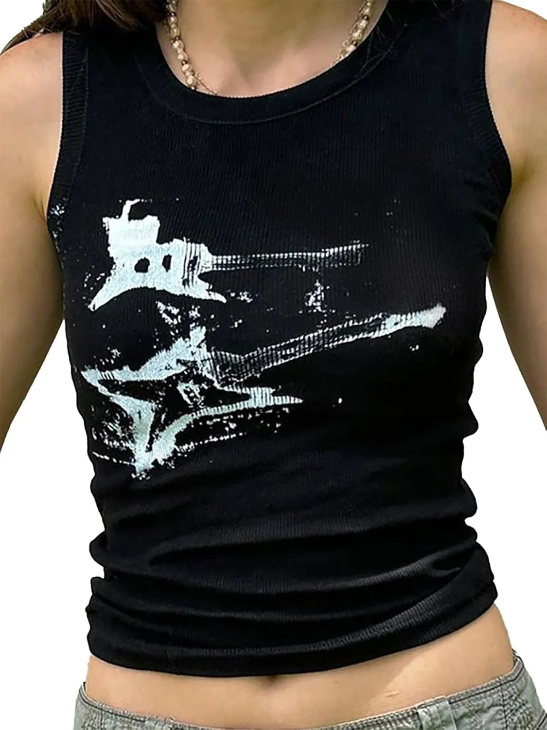 Xineicy Women's Star Sleeveless Crop Top Vintage Y2k Tops Round Neck Racerback Tank Tops Casual Tee