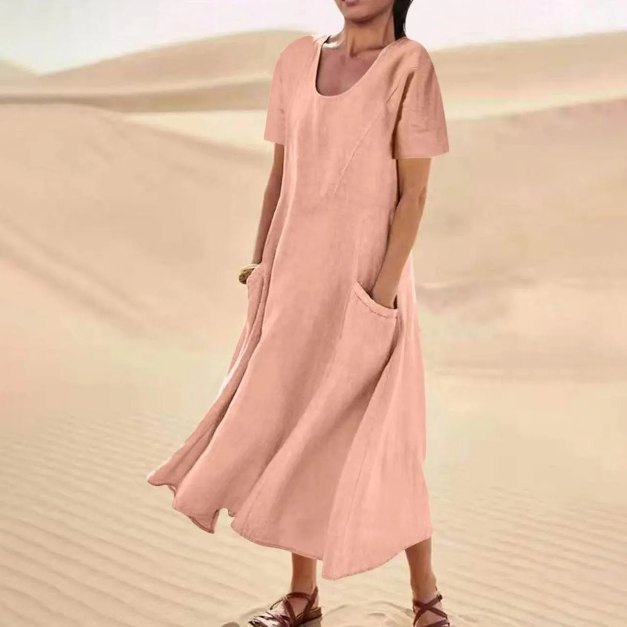 XUNRYAN Summer Dresses for Women 2025 Vacation Trendy Short Sleeve Crewneck Cotton Linen Dress Flowy Beach Sundress w Pockets