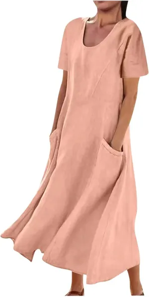 XUNRYAN Summer Dresses for Women 2025 Vacation Trendy Short Sleeve Crewneck Cotton Linen Dress Flowy Beach Sundress w Pockets