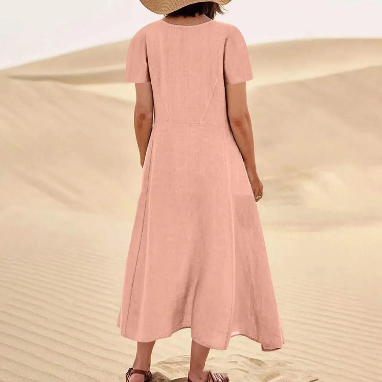 XUNRYAN Summer Dresses for Women 2025 Vacation Trendy Short Sleeve Crewneck Cotton Linen Dress Flowy Beach Sundress w Pockets