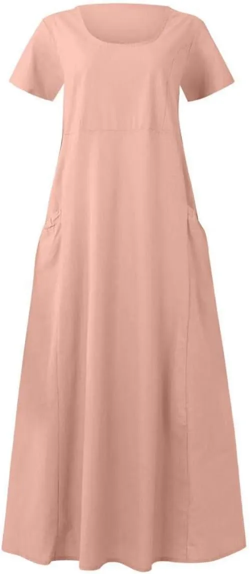 XUNRYAN Summer Dresses for Women 2025 Vacation Trendy Short Sleeve Crewneck Cotton Linen Dress Flowy Beach Sundress w Pockets