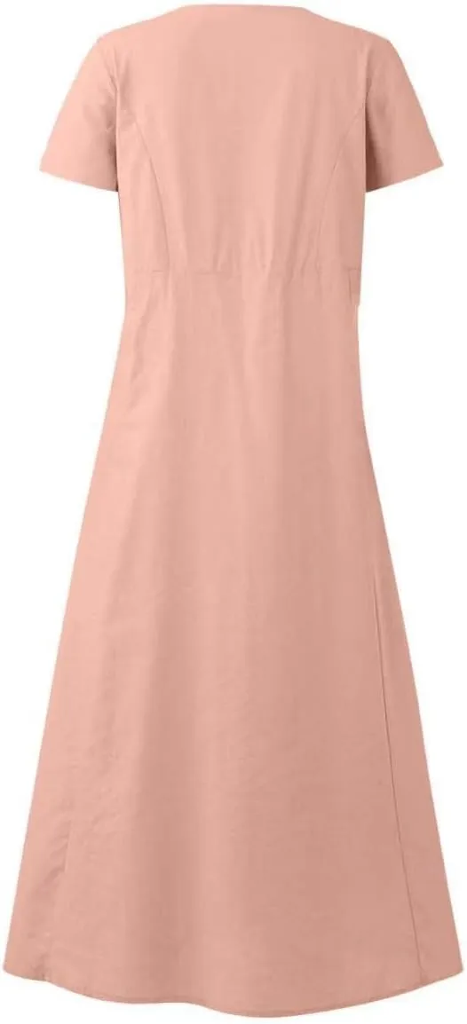 XUNRYAN Summer Dresses for Women 2025 Vacation Trendy Short Sleeve Crewneck Cotton Linen Dress Flowy Beach Sundress w Pockets