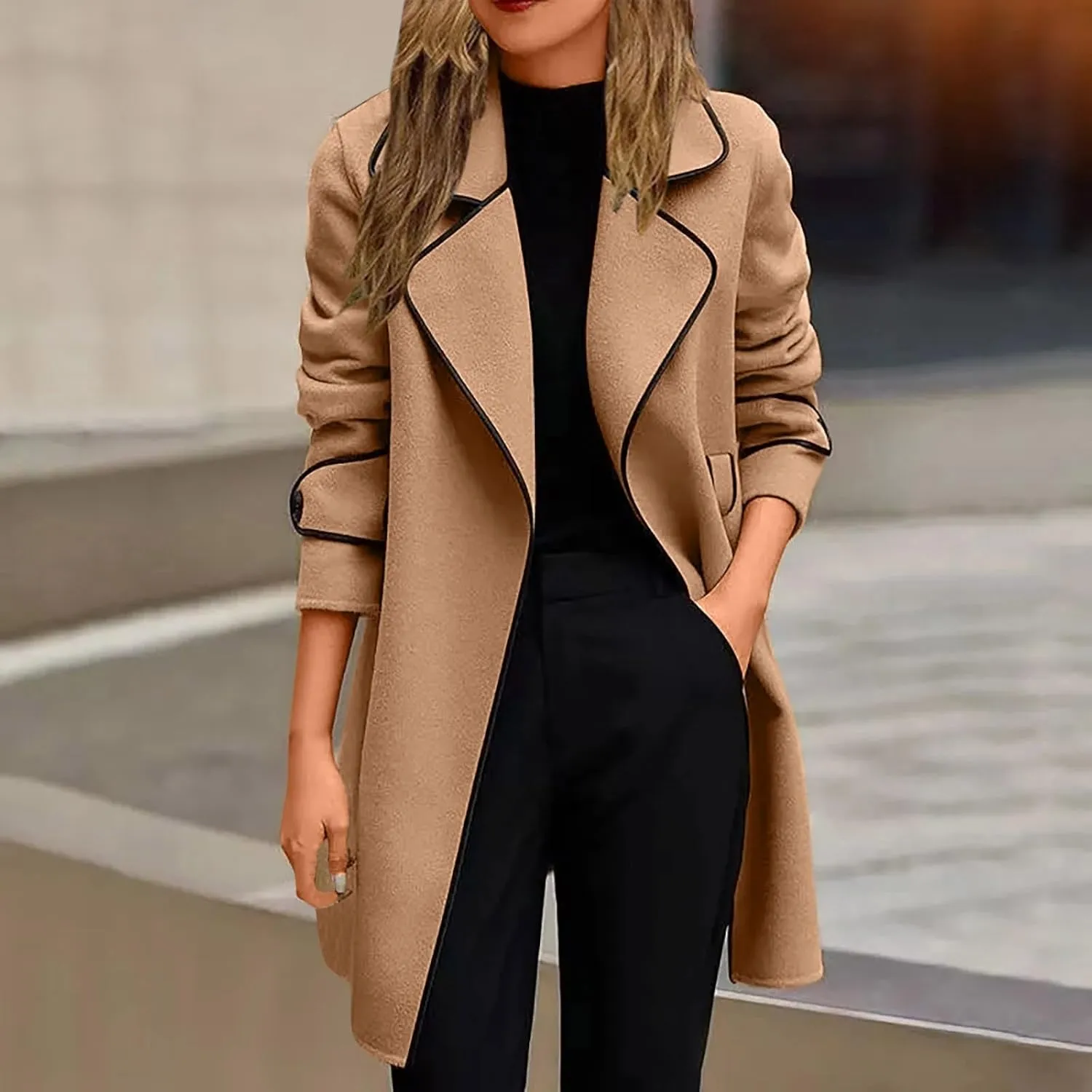 XUNRYAN Womens Trench Coat Long Sleeve Wool-Blend Jackets Notch Lapel Open Front Cardigan Fashion Coatigan Fashion Clothes