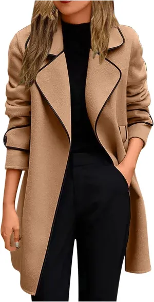 XUNRYAN Womens Trench Coat Long Sleeve Wool-Blend Jackets Notch Lapel Open Front Cardigan Fashion Coatigan Fashion Clothes