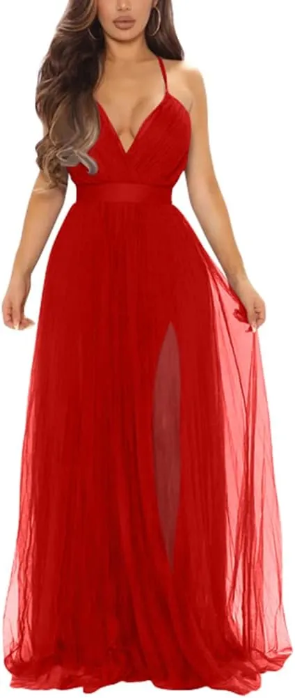 XXTAXN Women's Sexy Deep V Neck Split Cocktail Party Formal Bridesmaid Maxi Dress