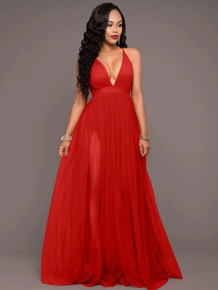 XXTAXN Women's Sexy Deep V Neck Split Cocktail Party Formal Bridesmaid Maxi Dress