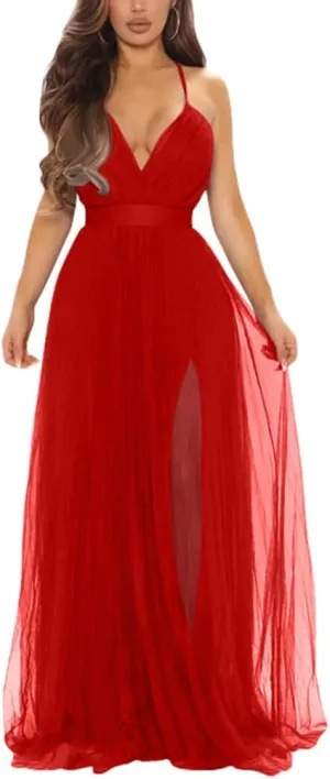 XXTAXN Women's Sexy Deep V Neck Split Cocktail Party Formal Bridesmaid Maxi Dress
