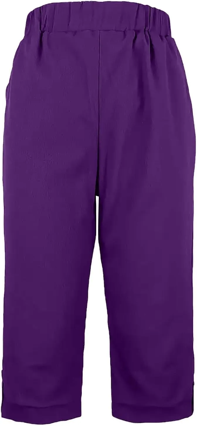 yardsong Capri Pants for Women Cotton Linen Summer Straight Wide Leg Capris Elastic Waist Cropped Trousers with Pockets