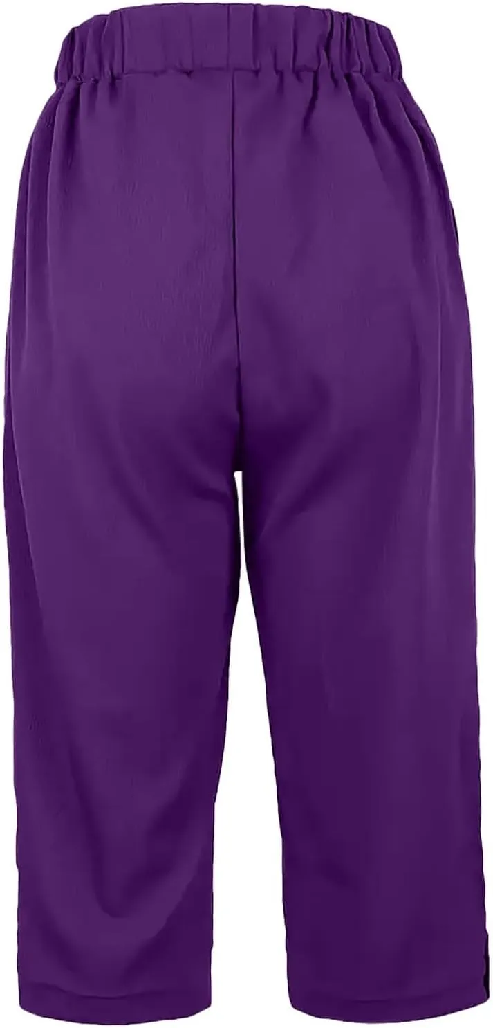 yardsong Capri Pants for Women Cotton Linen Summer Straight Wide Leg Capris Elastic Waist Cropped Trousers with Pockets