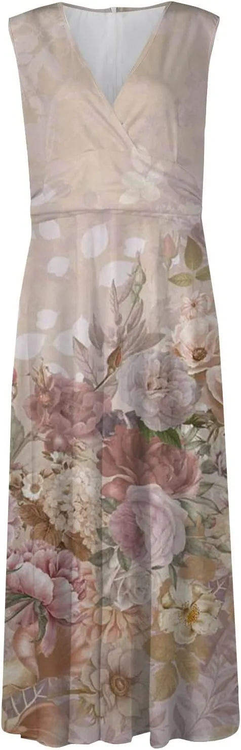 Yesunpxs Summer Dresses for Women 2024 Wrap V Neck Flowy Ruched Maxi Dress Sleeveless Printed Beach Dresses Boho Sundresses