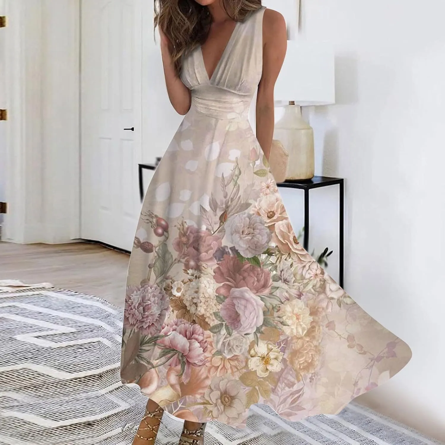 Yesunpxs Summer Dresses for Women 2024 Wrap V Neck Flowy Ruched Maxi Dress Sleeveless Printed Beach Dresses Boho Sundresses