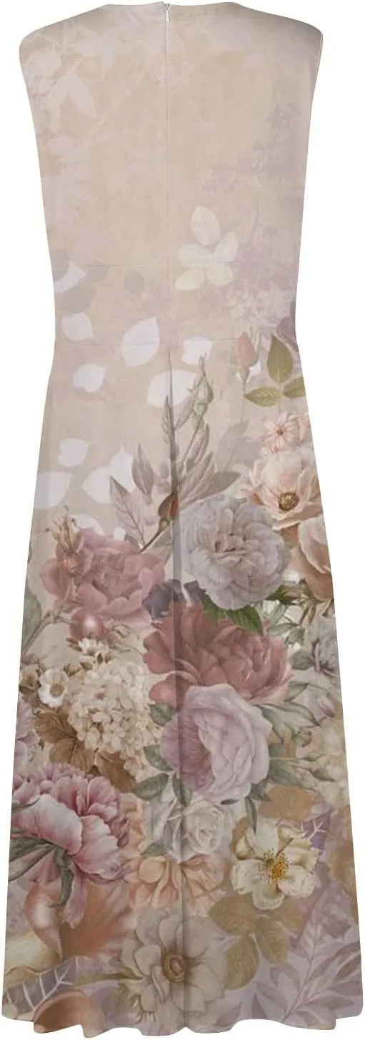 Yesunpxs Summer Dresses for Women 2024 Wrap V Neck Flowy Ruched Maxi Dress Sleeveless Printed Beach Dresses Boho Sundresses