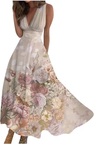 Yesunpxs Summer Dresses for Women 2024 Wrap V Neck Flowy Ruched Maxi Dress Sleeveless Printed Beach Dresses Boho Sundresses
