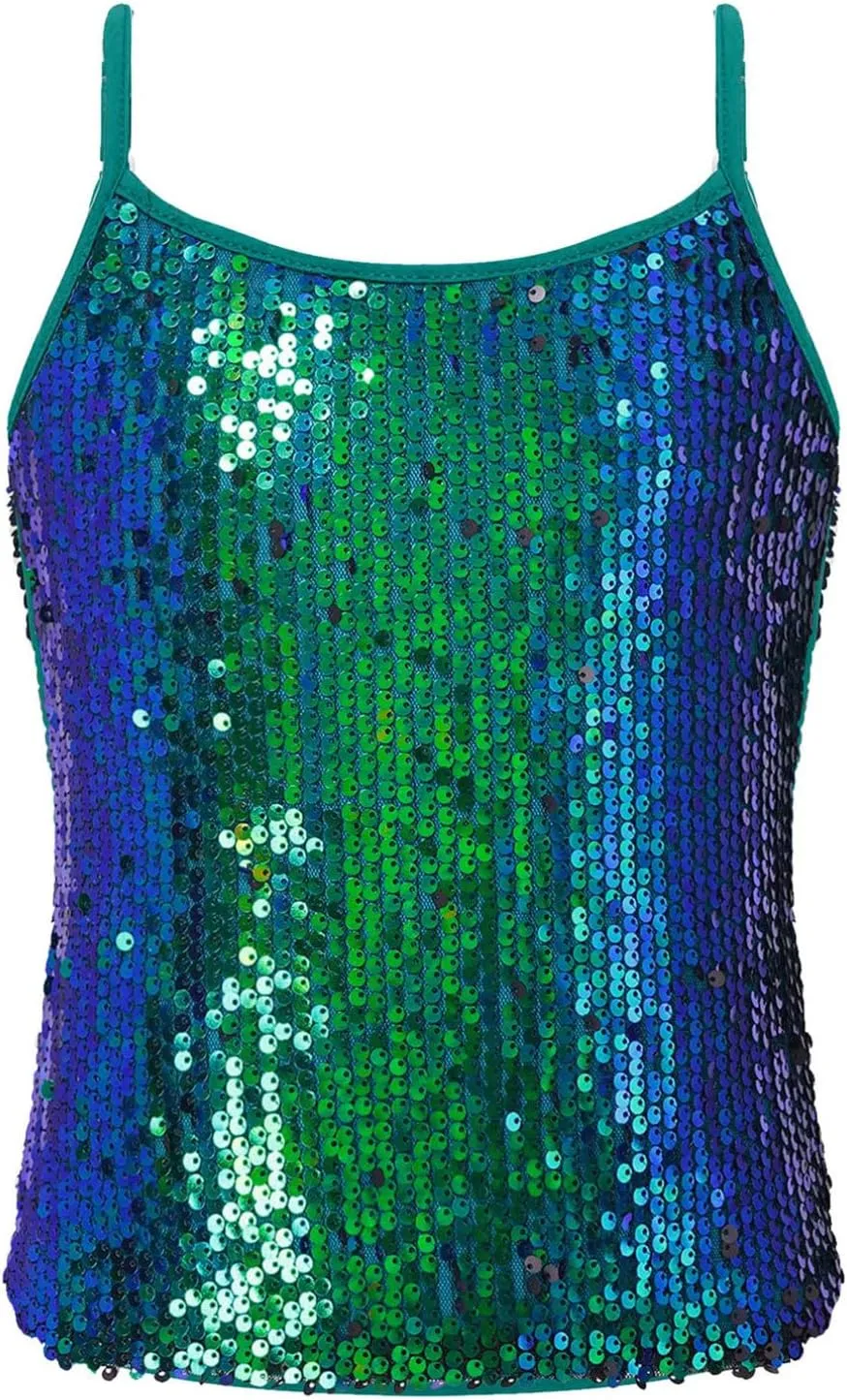 YiZYiF Youth Kids Girls Dance Fashion Spaghetti Straps Tank Tee Metallic Shiny Party Camisole Vest Tops