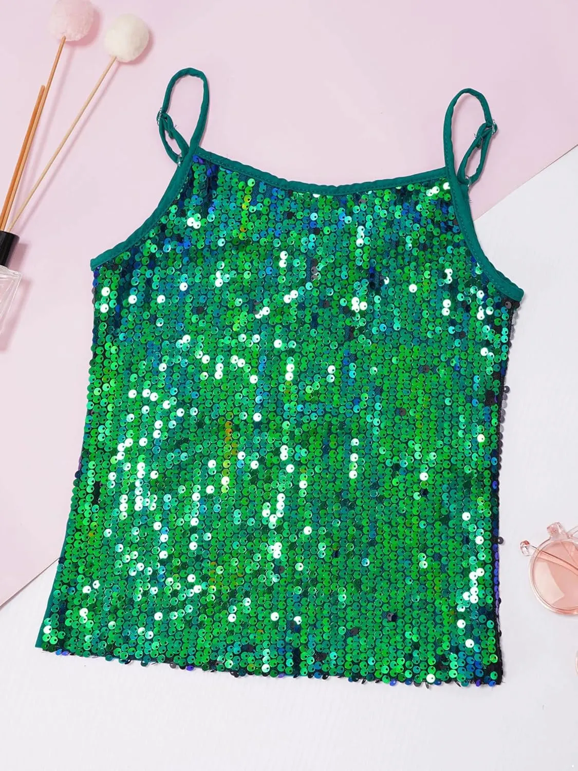 YiZYiF Youth Kids Girls Dance Fashion Spaghetti Straps Tank Tee Metallic Shiny Party Camisole Vest Tops