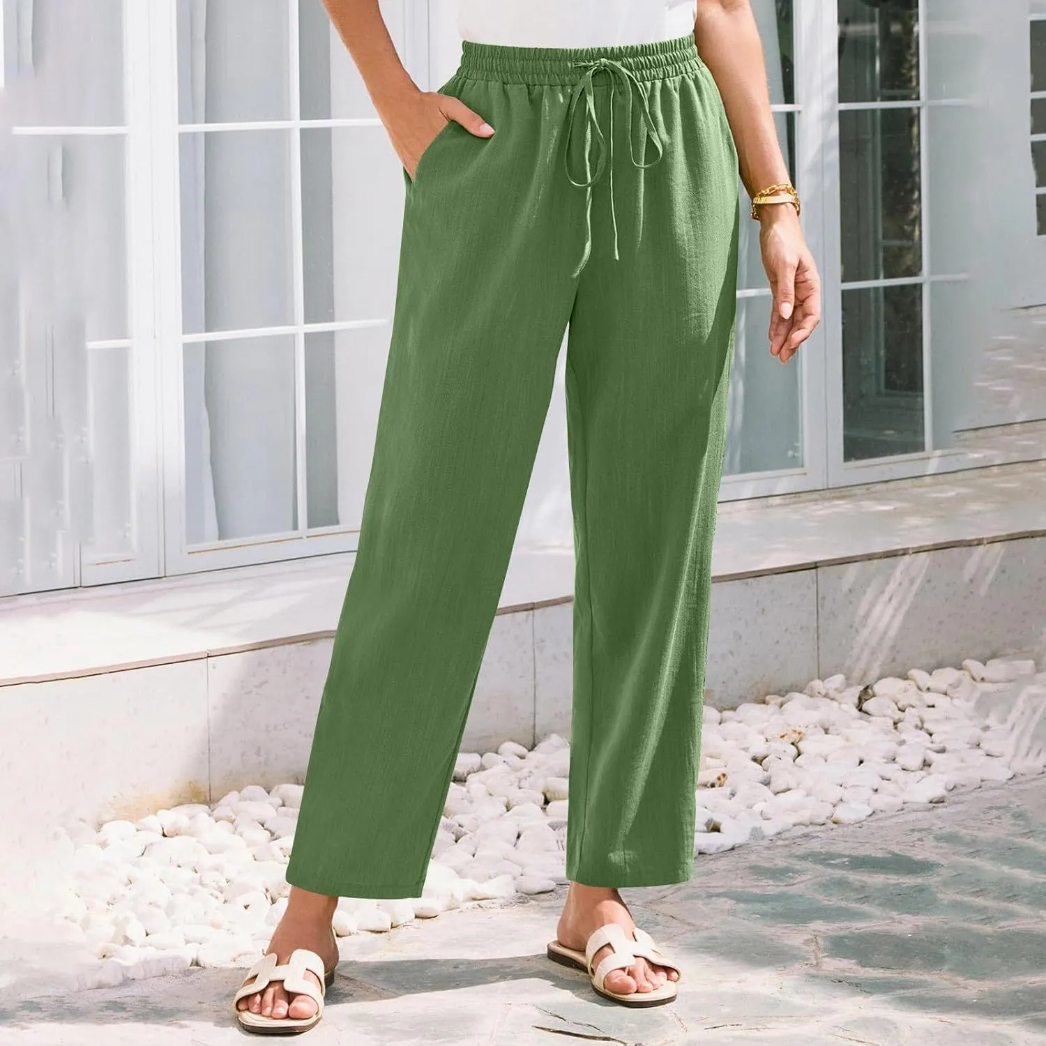 Yoga Pants for Women Business Casual, Womens Pants Casual Trousers Plus Size Linen Straight Leg Summer Low Rise
