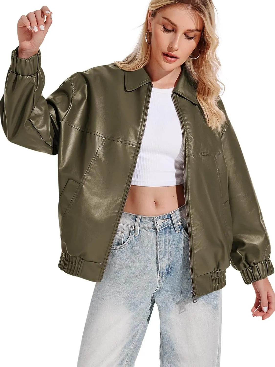 Yousify Womens Leather Jacket Oversized Faux Casual Zip Up Bomber Motorcycle Jackect Trendy Fall Winter Clothes S-XXL