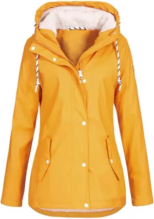 YRAETENM Windbreaker Jacket Women Lightweight Waterproof Fleece Lined Rain Coats Plus Size Warm Outdoor Hooded Trench Coats