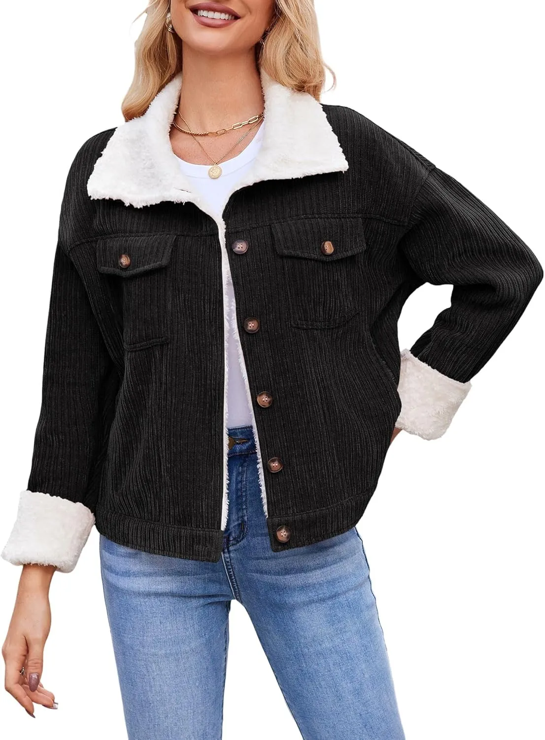 ZAFUL 2024 Womens Sherpa Fleece Jacket Button Down Corduroy Shacket Casual Winter Warm Coat With Pockets