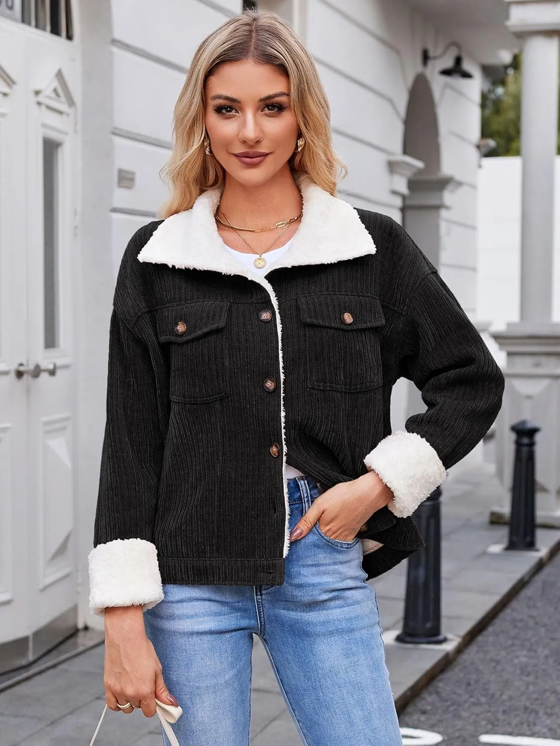 ZAFUL 2024 Womens Sherpa Fleece Jacket Button Down Corduroy Shacket Casual Winter Warm Coat With Pockets