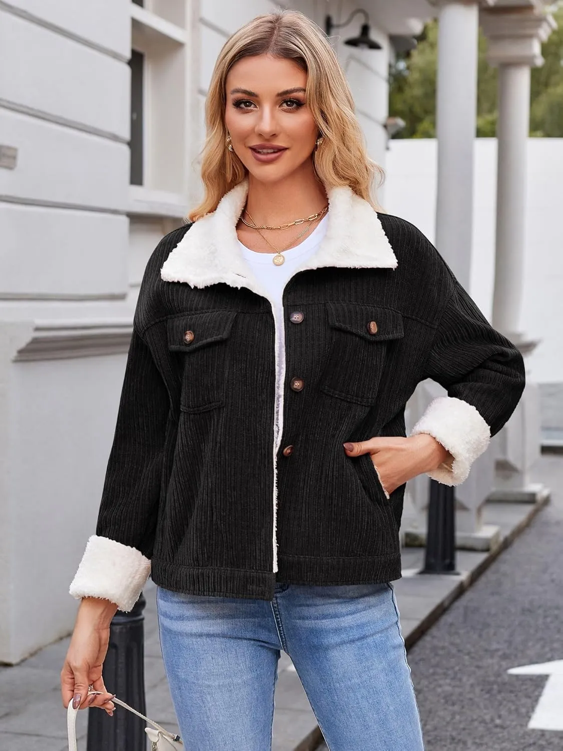 ZAFUL 2024 Womens Sherpa Fleece Jacket Button Down Corduroy Shacket Casual Winter Warm Coat With Pockets
