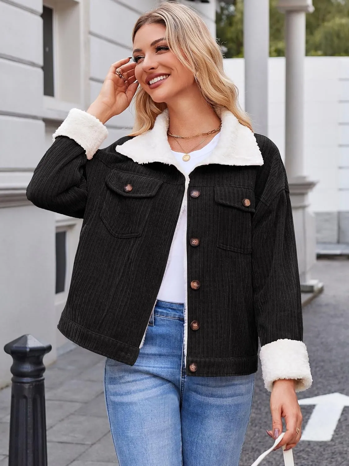 ZAFUL 2024 Womens Sherpa Fleece Jacket Button Down Corduroy Shacket Casual Winter Warm Coat With Pockets