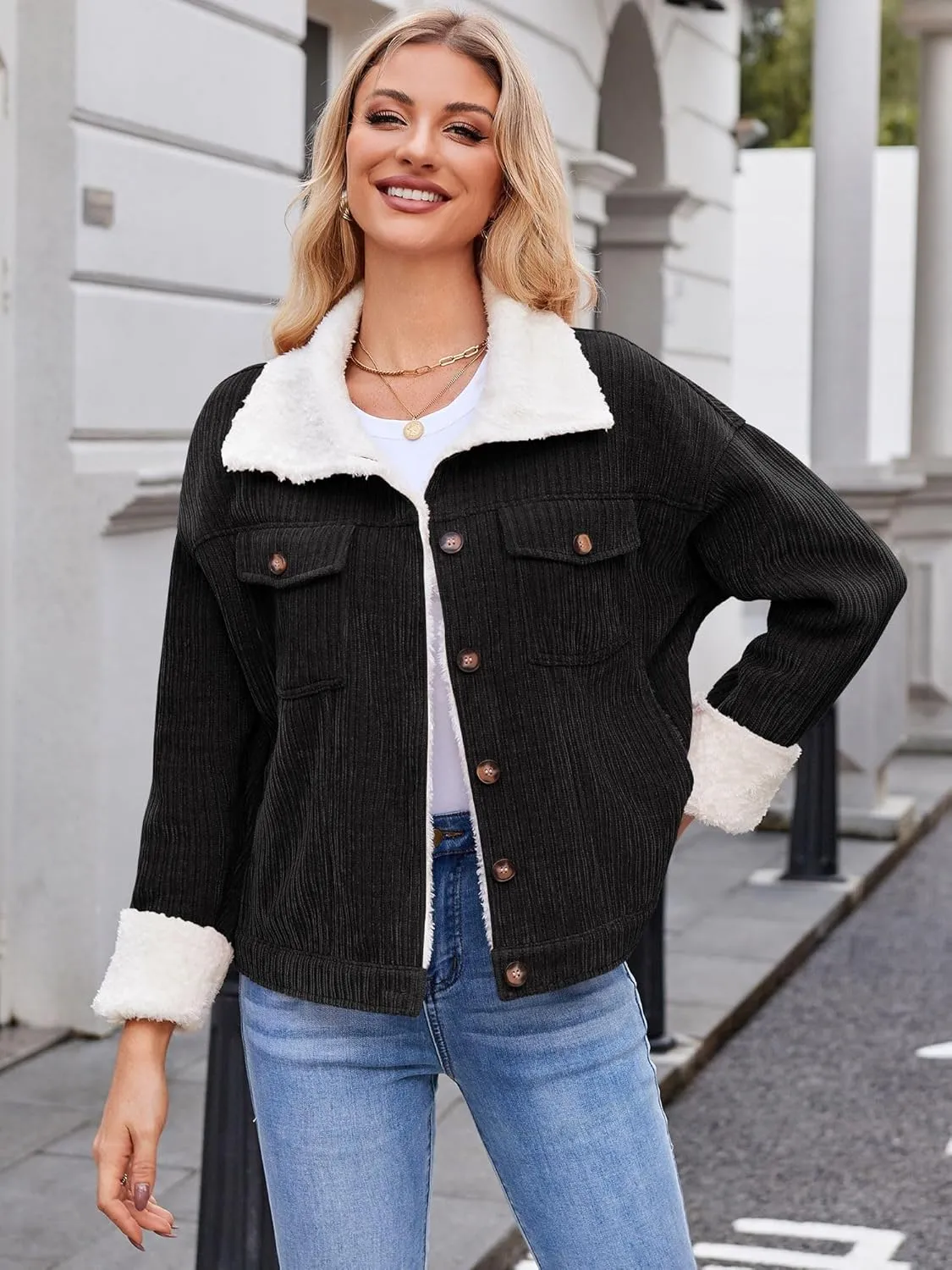 ZAFUL 2024 Womens Sherpa Fleece Jacket Button Down Corduroy Shacket Casual Winter Warm Coat With Pockets