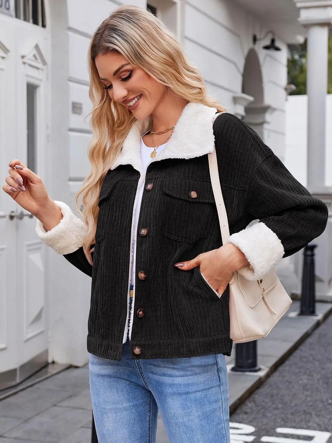 ZAFUL 2024 Womens Sherpa Fleece Jacket Button Down Corduroy Shacket Casual Winter Warm Coat With Pockets