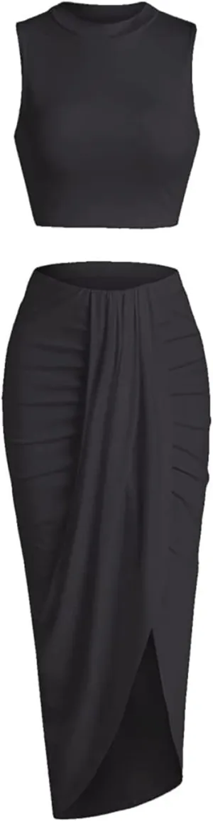 ZAFUL Women's Casual Sleeveless Summer Two Piece Outfits Crop Top and Side Split Draped Ruched Maxi Skirt Set Solid Suiting