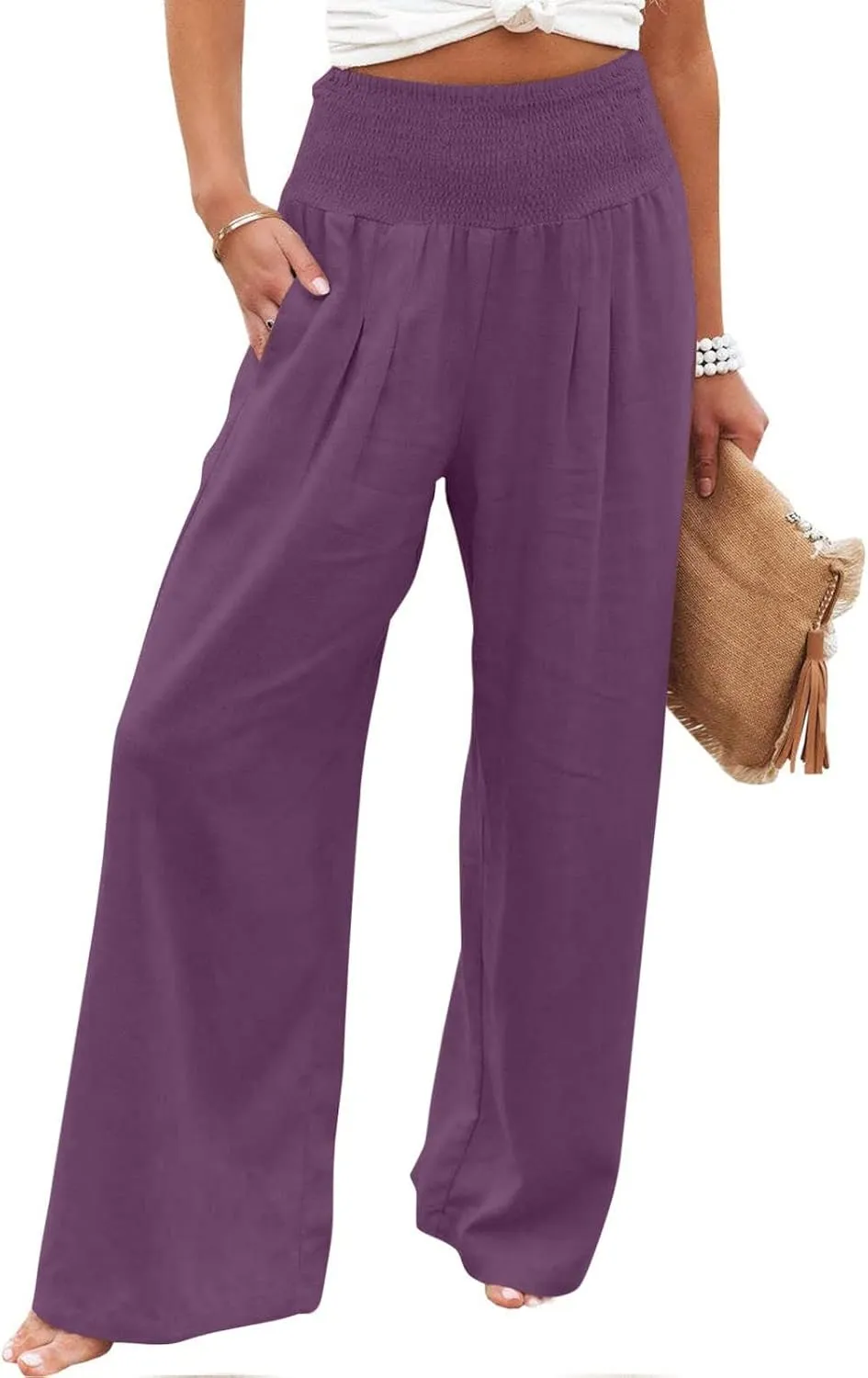ZDRZK Women Linen Palazzo Pants Summer 2023 Boho Wide Leg High Waist Casual Flowy Lounge Pant Trousers with Pocket