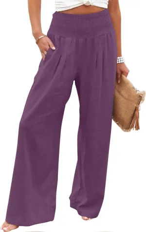ZDRZK Women Linen Palazzo Pants Summer 2023 Boho Wide Leg High Waist Casual Flowy Lounge Pant Trousers with Pocket
