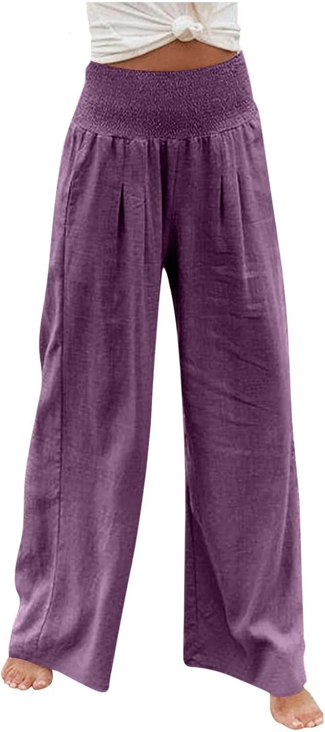 ZDRZK Women Linen Palazzo Pants Summer 2023 Boho Wide Leg High Waist Casual Flowy Lounge Pant Trousers with Pocket
