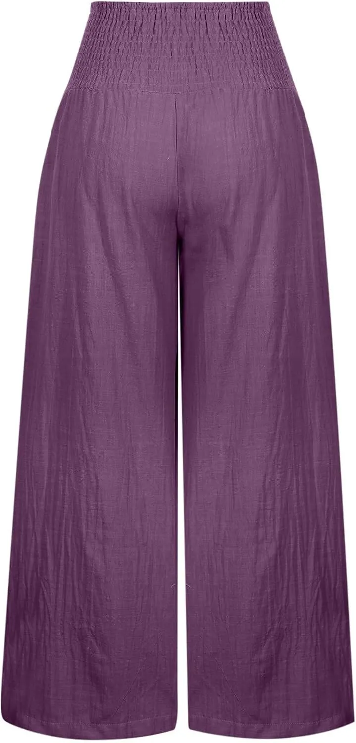 ZDRZK Women Linen Palazzo Pants Summer 2023 Boho Wide Leg High Waist Casual Flowy Lounge Pant Trousers with Pocket