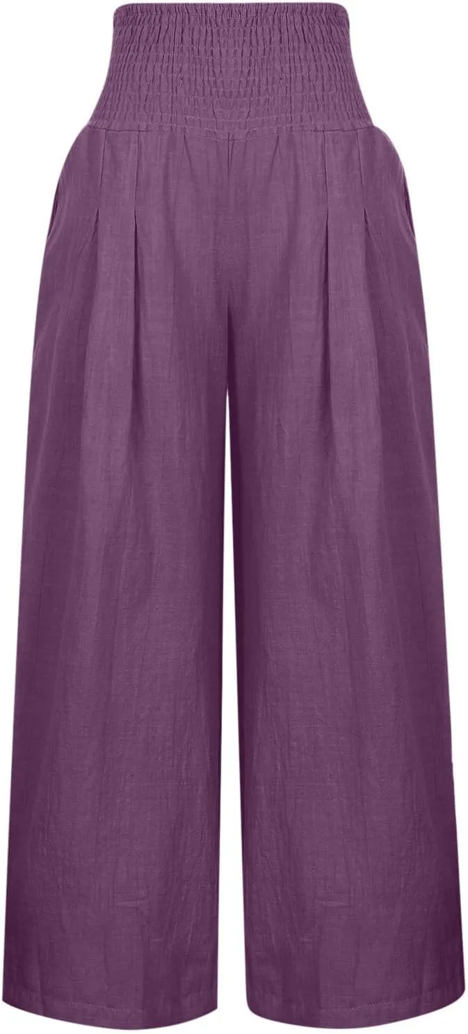 ZDRZK Women Linen Palazzo Pants Summer 2023 Boho Wide Leg High Waist Casual Flowy Lounge Pant Trousers with Pocket