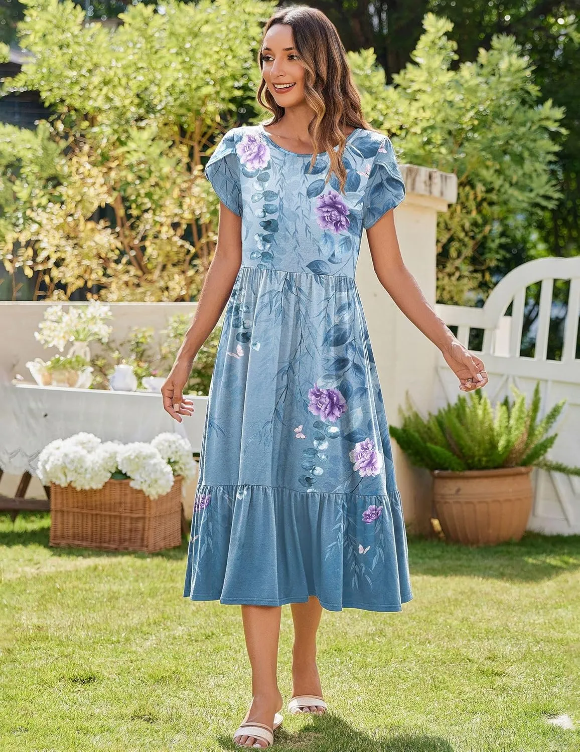 Zeagoo Women Summer Midi A Line Dress Short Sleeve Casual Flowy Tiered Beach Long Sundress with Pockets 2025 Vacation Travel