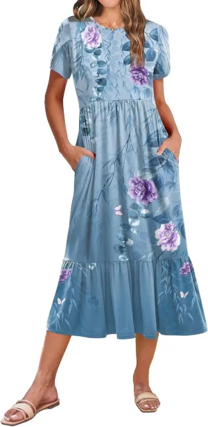 Zeagoo Women Summer Midi A Line Dress Short Sleeve Casual Flowy Tiered Beach Long Sundress with Pockets 2025 Vacation Travel