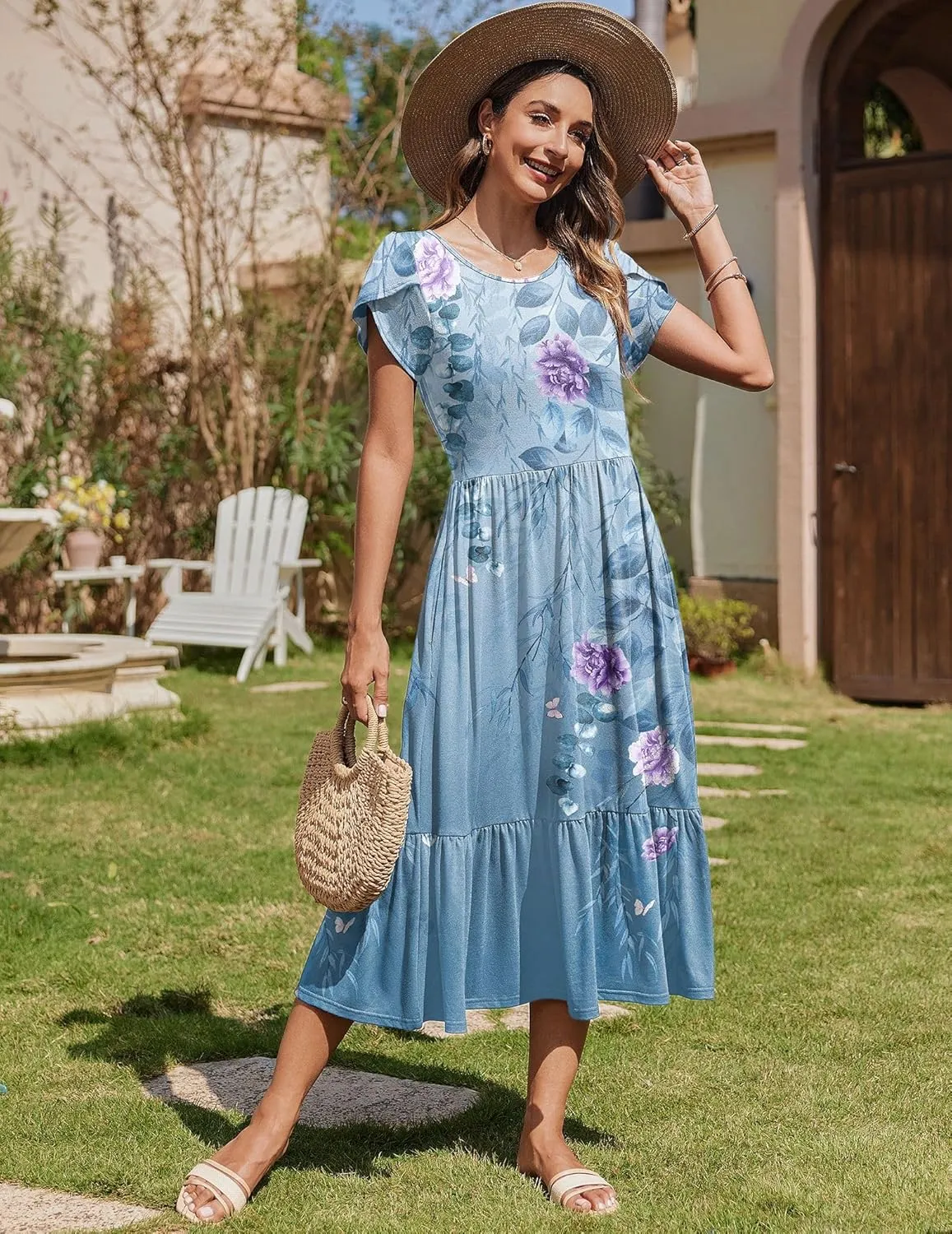 Zeagoo Women Summer Midi A Line Dress Short Sleeve Casual Flowy Tiered Beach Long Sundress with Pockets 2025 Vacation Travel