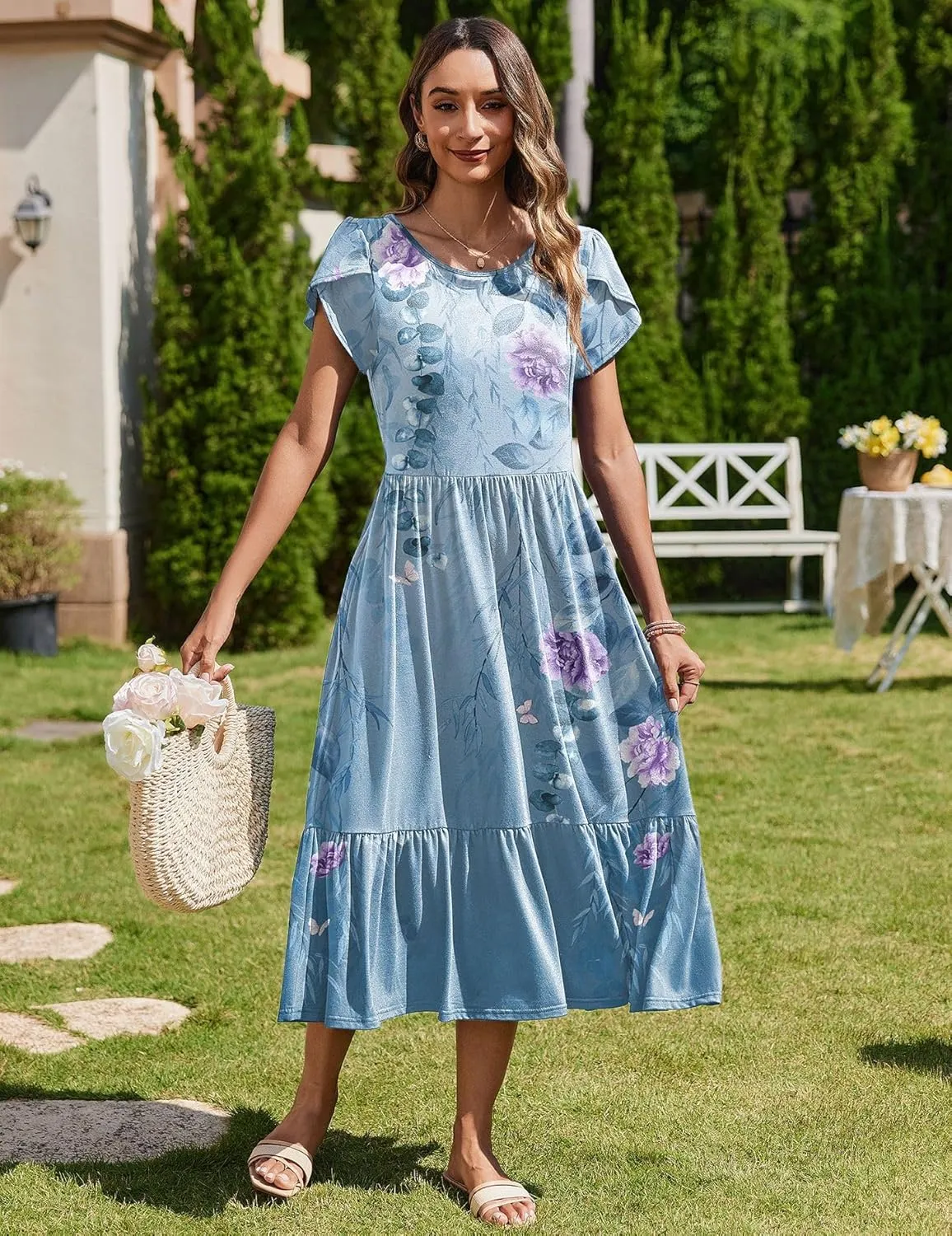 Zeagoo Women Summer Midi A Line Dress Short Sleeve Casual Flowy Tiered Beach Long Sundress with Pockets 2025 Vacation Travel