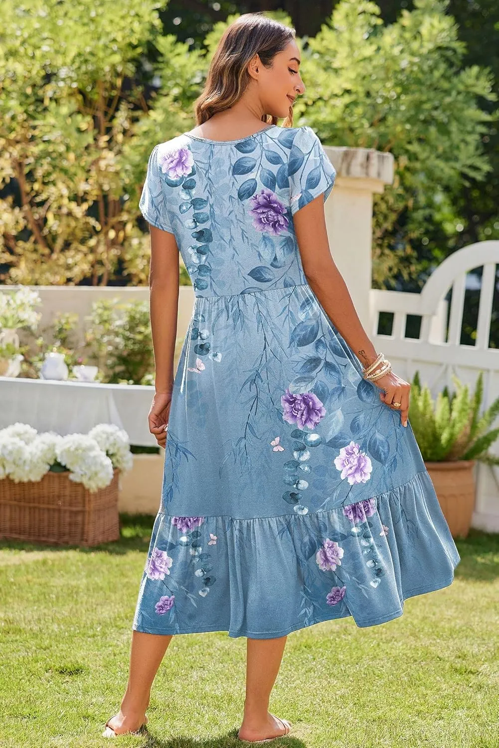 Zeagoo Women Summer Midi A Line Dress Short Sleeve Casual Flowy Tiered Beach Long Sundress with Pockets 2025 Vacation Travel