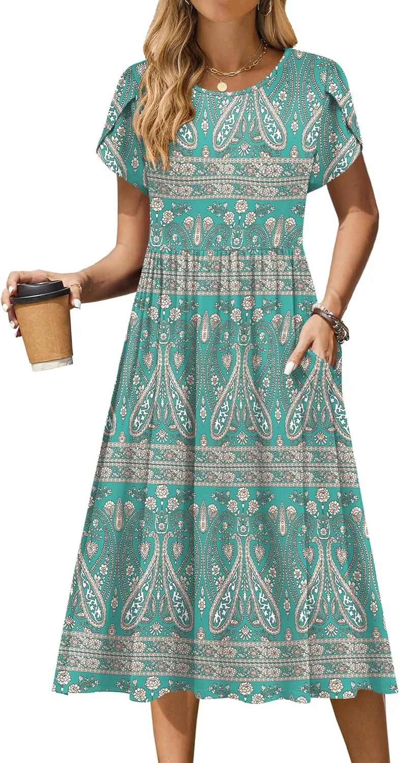Zeagoo Women Summer Short Sleeve Midi Dress with Pockets Casual Aline Flowy Tshirt Dress Floral Vocation Beach Sundress