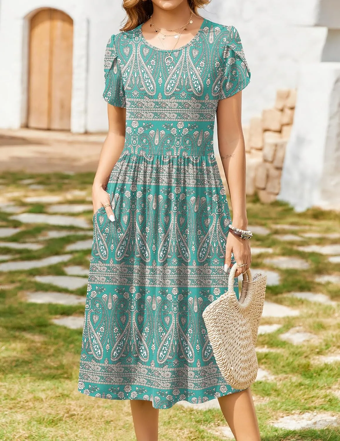 Zeagoo Women Summer Short Sleeve Midi Dress with Pockets Casual Aline Flowy Tshirt Dress Floral Vocation Beach Sundress