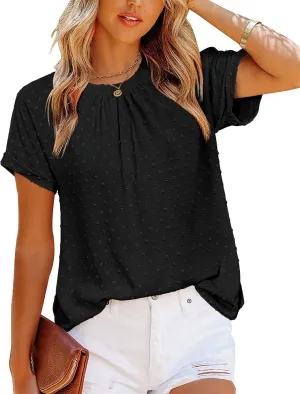 Zeagoo Women's Casual Swiss Dot Chiffon Summer Tops Round Neck Blouse Shirts Short Sleeve Work Office Loose Shirt