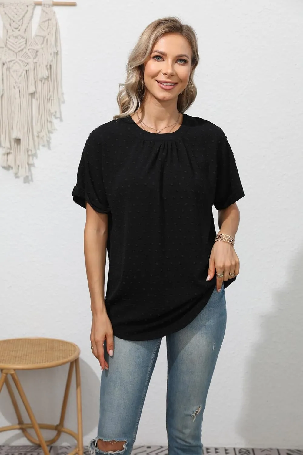 Zeagoo Women's Casual Swiss Dot Chiffon Summer Tops Round Neck Blouse Shirts Short Sleeve Work Office Loose Shirt
