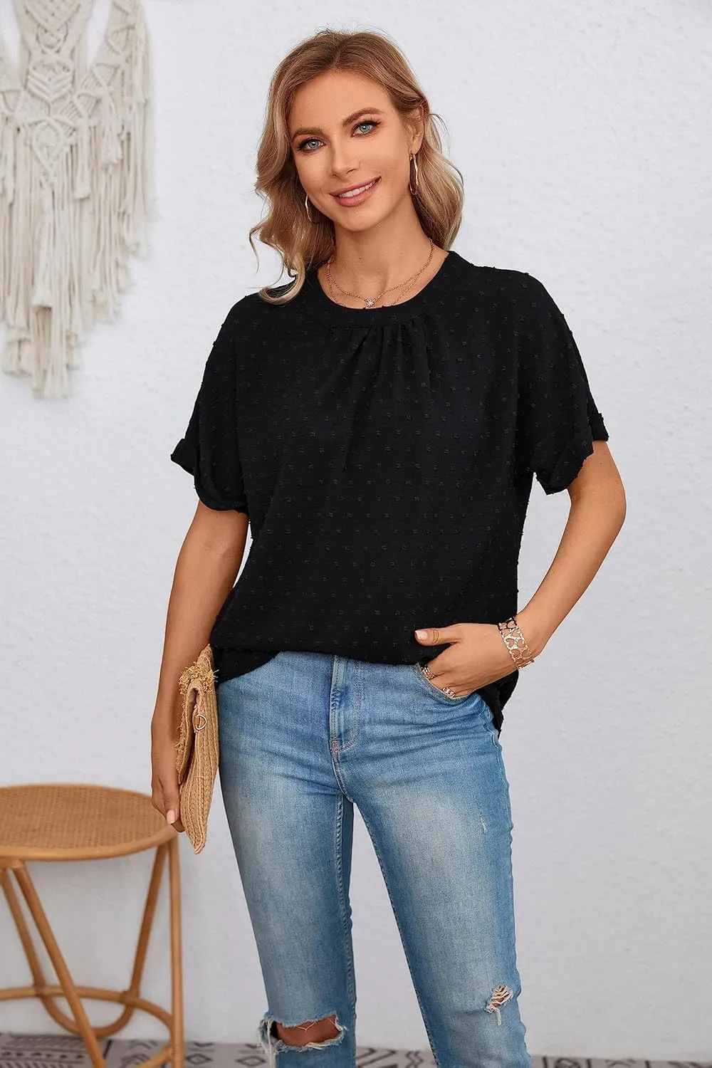 Zeagoo Women's Casual Swiss Dot Chiffon Summer Tops Round Neck Blouse Shirts Short Sleeve Work Office Loose Shirt