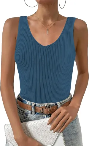 Zeagoo Womens Ribbed Tank Tops 2024 V Neck Slim Fit Knit Sleeveless Shirts Casual Basic Tee
