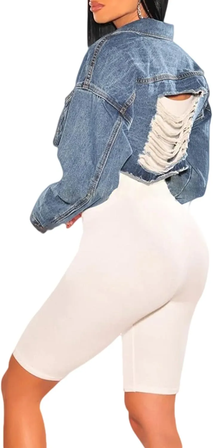ZERMOM Women's Cropped Denim Jacket Button Down Long Sleeve Fitted Crop Top Jean Coat