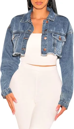 ZERMOM Women's Cropped Denim Jacket Button Down Long Sleeve Fitted Crop Top Jean Coat